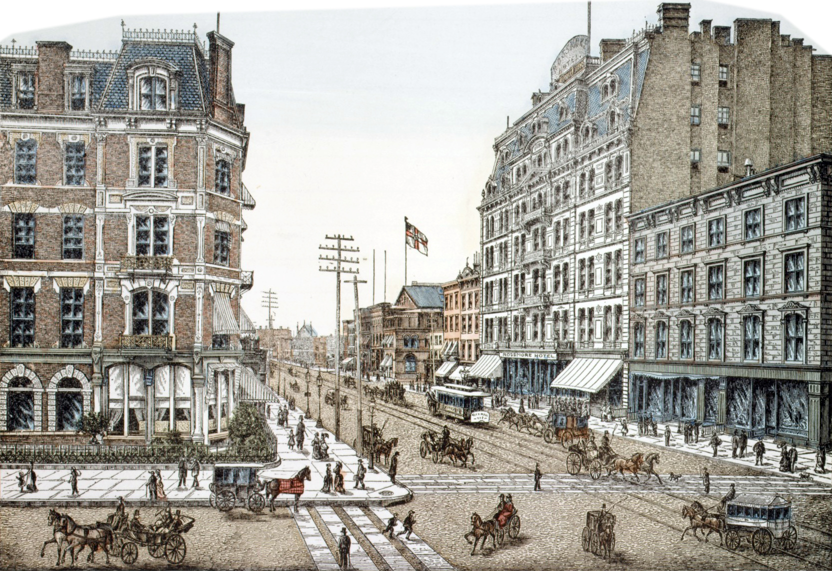 Broadway and the Rossmore Hotel, New York, 1904 — coloured illustration