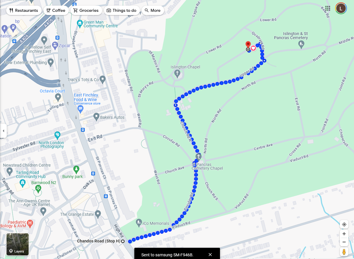 Islington and St Pancras Cemetery map showing best route to grave